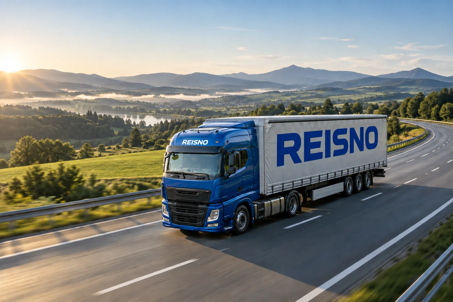REISNO brand illustration: a blue truck on a European road