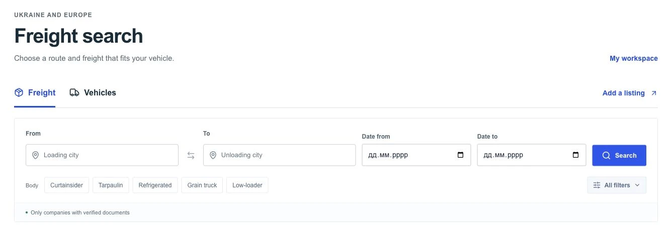 REISNO freight search with route, date and body type filters